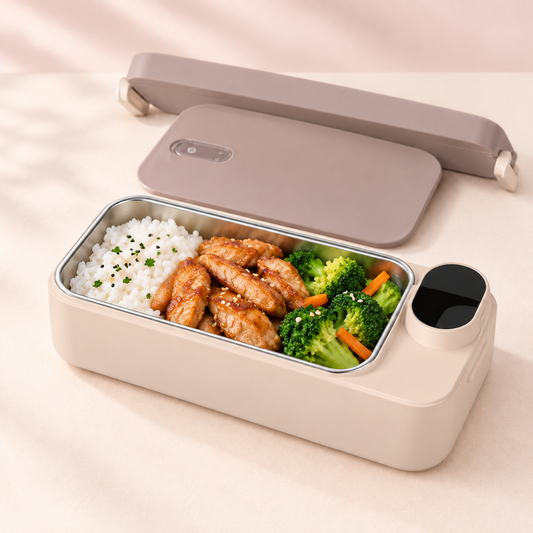 Mellow lunchbox with a single open stainless steel tray and prepared meal