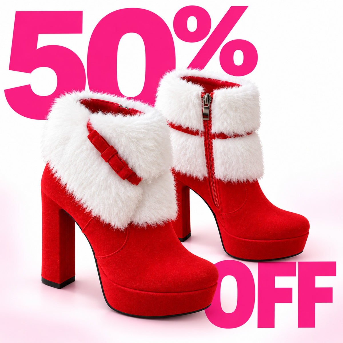NOELLE Scarlet Heels on white with bright pink 50% OFF lettering
